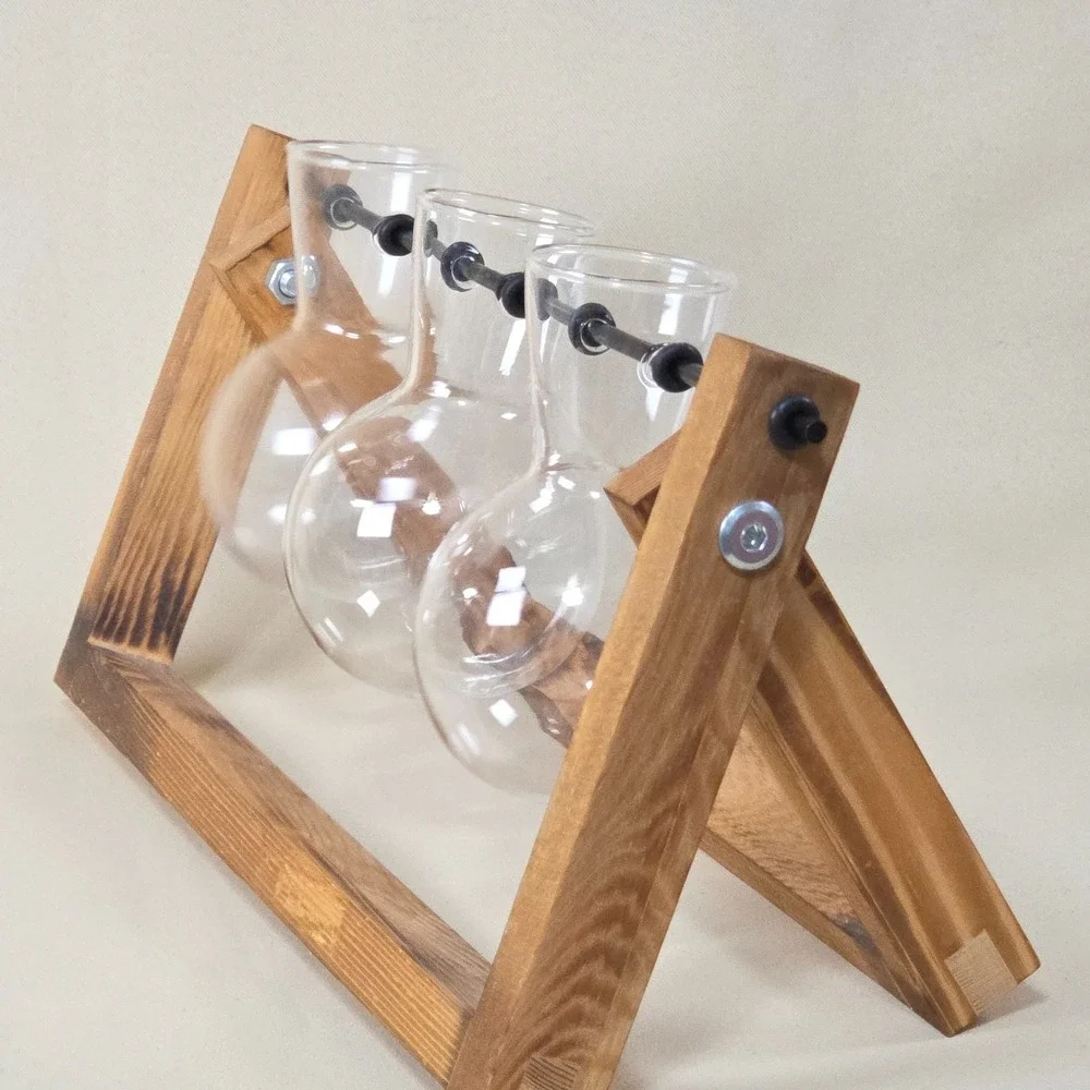 Plant Propagation Station 3 Bulb Glass Vases Burnt Wood Stand Terrarium